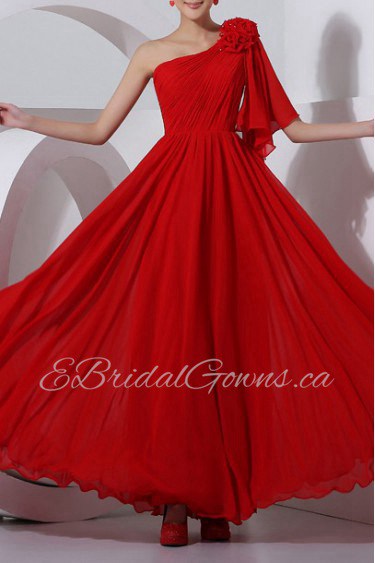 Chiffon One Shoulder Floor Length Column Dress with Handmade Flowers