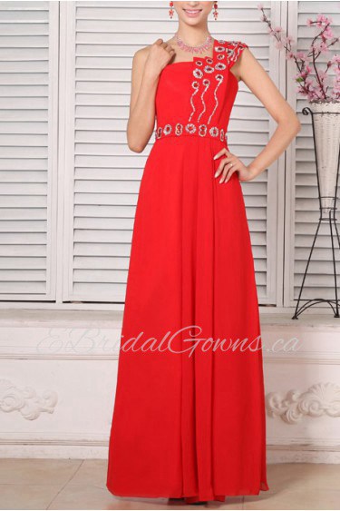 Chiffon One Shoulder Floor Length A-line Dress with Crystal