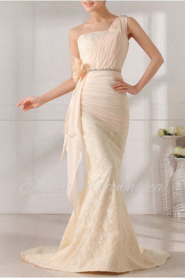 Lace and Chiffon One Shoulder Mermaid Dress with Handmade Flowers