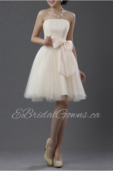 Lace and Satin Strapless Short Dress with Bow