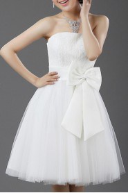 Lace and Satin Strapless Short Dress with Bow