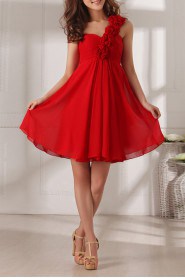 Chiffon One Shoulder Short Dress with Handmade Flowers