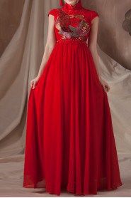 Satin High Collar Neckline Floor Length Empire Dress with Embroidered