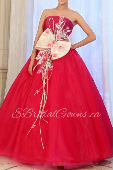 Tulle Strapless Floor Length Ball Gown Dress with Handmade Flowers