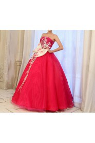 Tulle Strapless Floor Length Ball Gown Dress with Handmade Flowers