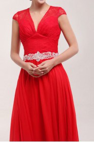 Chiffon V-neck A-line Dress with Pearls