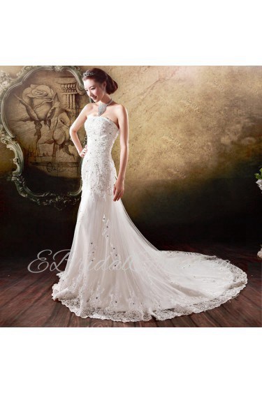 Lace,Tulle Strapless Sheath Dress with Diamond and Embroidery