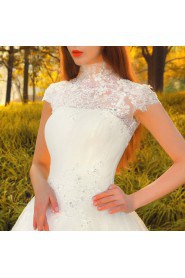 Lace,Satin,Tulle High Collar A-line Dress with Handmade Flowers