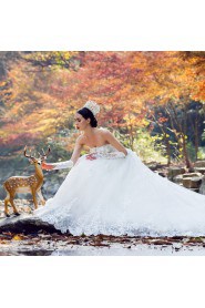 Satin,Tulle,Lace Strapless A-line Dress with Handmade Flowers