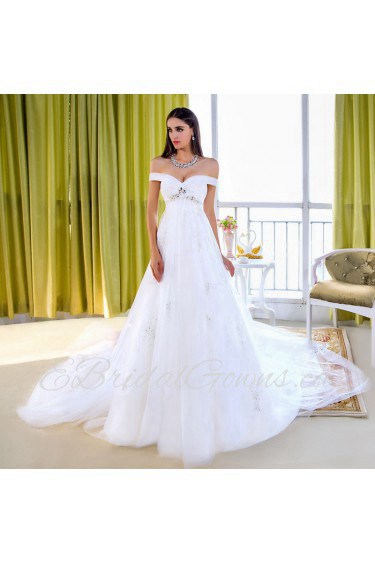 Satin,Tulle,Lace Off-the-Shoulder A-line Dress with Diamond