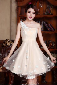 Satin and Tulle One-shoulder Dress with Handmade Flowers