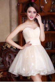 Satin and Net Strapless Dress with Handmade Flowers