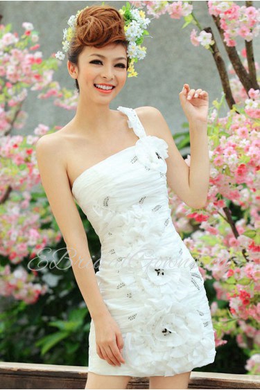 Satin One-shoulder Dress with Handmade Flowers