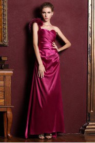 Satin One-shoulder Dress with Fur