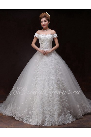 Lace and Tulle Off-the-Shoulder Ball Gown Dress with Beading and Sequin