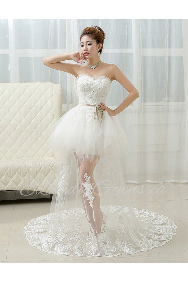 Lace and Tulle Strapless Sheath Dress with Embroidery