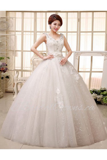 Lace V-Neck Ball Gown Dress with Beading and Bow