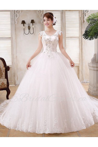 Lace and Tulle V-Neck Ball Gown Dress with Beading