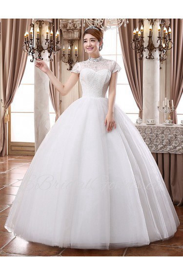 Lace and Tulle High-Neck Ball Gown Dress with Beading