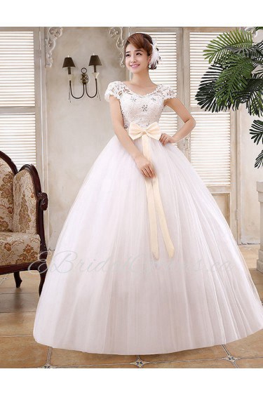 Lace and Tulle Scoop Ball Gown Dress with Beading and Bow