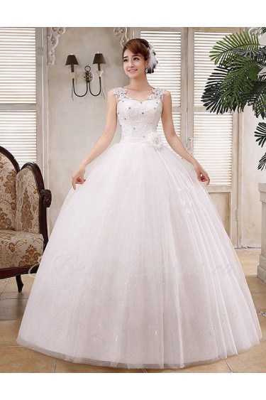 Lace and Tulle V-Neck Ball Gown Dress with handmade Flower