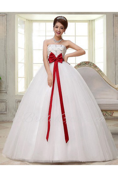 Lace and Tulle Strapless Ball Gown Dress with Bow