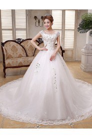 Lace and Tulle Scoop Ball Gown Dress with Beading