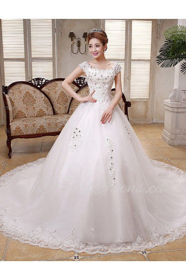 Lace and Tulle Scoop Ball Gown Dress with Beading