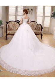 Lace and Tulle Scoop Ball Gown Dress with Beading