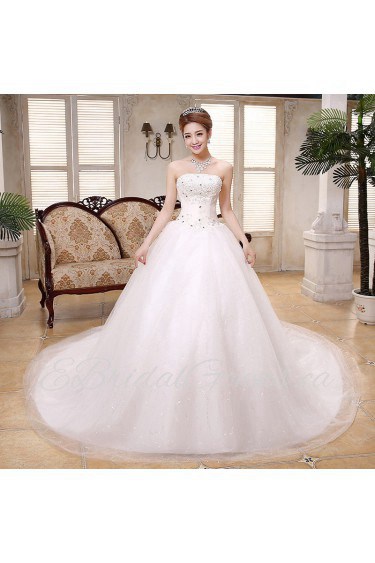 Lace and Tulle Strapless Ball Gown Dress with Bow