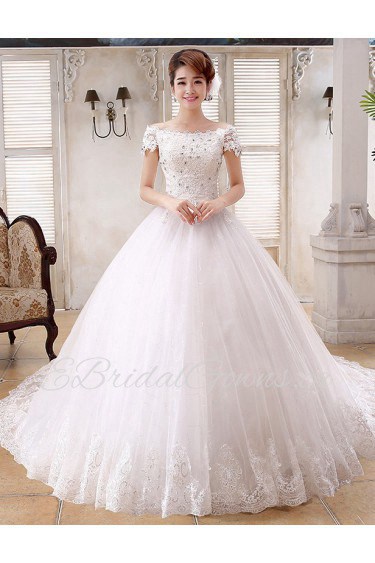 Lace and Tulle off-the-Shoulder Ball Gown Dress with Beading