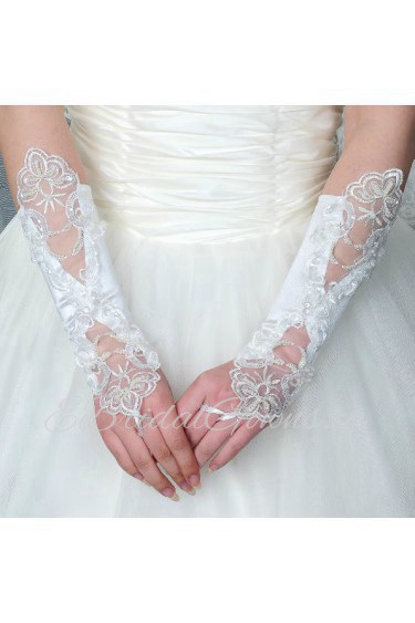 Satin Fingerless Elbow Length Wedding Gloves With Lace