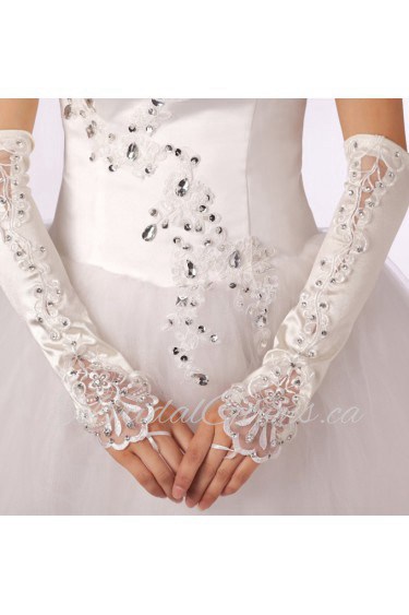 Satin Fingerless Opera Length Wedding Gloves With Lace Rhinestone