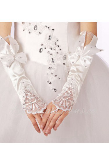 Satin Fingerless Elbow Length Wedding Gloves With Lace Rhinestone