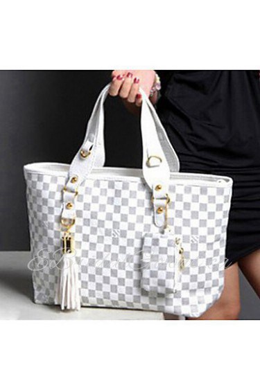 Women PU Shopper Tote White / Brown