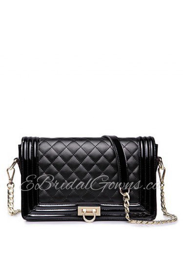 Women Real Genuine Cowhide Leather Baguette Clutch Purse Messenger Shoulder Hand Bag Chain Quilted Black