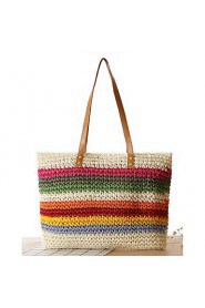 Women Straw Shopper Tote White / Beige