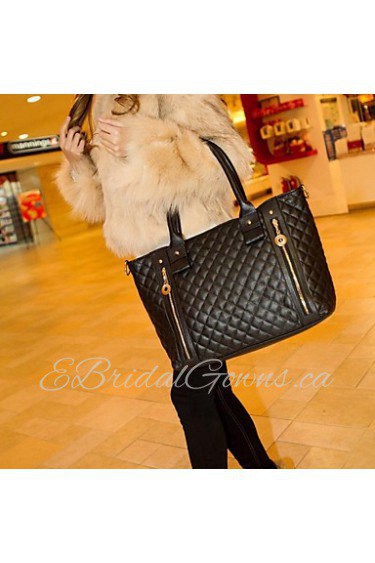 Women's PU Leather Quilted Check Pattern Twin Zipper Shoulder Bag Totes