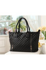 Women's PU Leather Quilted Check Pattern Twin Zipper Shoulder Bag Totes