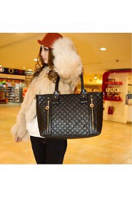 Women's PU Leather Quilted Check Pattern Twin Zipper Shoulder Bag Totes