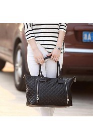 Women's PU Leather Quilted Check Pattern Twin Zipper Shoulder Bag Totes