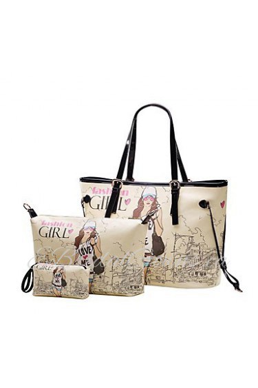 Women's Girl Letter Print Three Piece PU Bags (Handbag+Crossbody Bag+Clutch Bag)