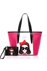 Women PU Baguette Shoulder Bag / Tote / Satchel Black / Fuchsia