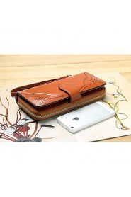 Women's Retro Carved Genuine Leather Wallets Clutch Purse Wristlets