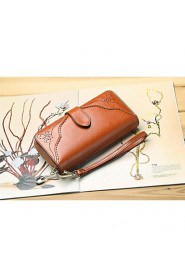 Women's Retro Carved Genuine Leather Wallets Clutch Purse Wristlets