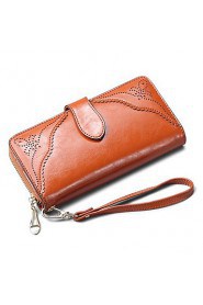 Women's Retro Carved Genuine Leather Wallets Clutch Purse Wristlets