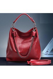 Women's Woven Pattern Genuine Leather Shoulder Bag Crossbody Bag Tote Shopping Bag