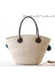 Women Straw Shell Tote Beige