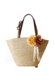 Women Summer Solid Color Beige Woven Bag Handbag Straw Bag Beach Bag