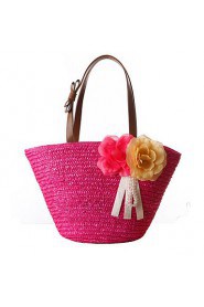 Women Summer Solid Color Beige Woven Bag Handbag Straw Bag Beach Bag